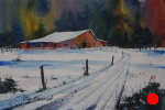 landscape, farm, barn, winter, snow, original watercolor painting, oberst